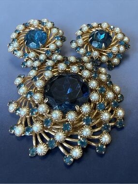 Judy Lee “Blue Moon & Pearl Stars” Brooch & Clip-on Earrings Set